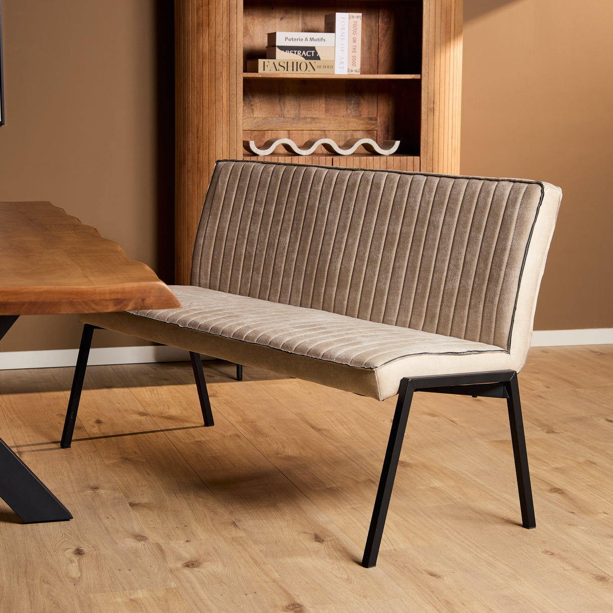 Eetkamerbank - Beige - Leer - 155 cm - Industrieel