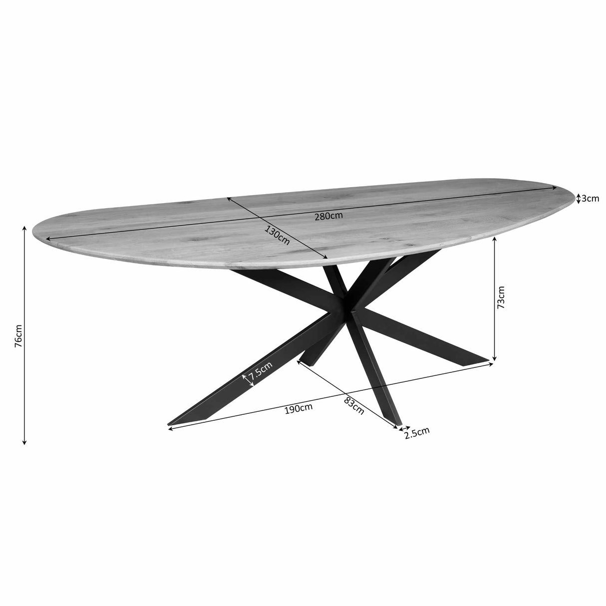 Organische Eettafel - Zwart Europees Eikenhout - 280 cm - Stalen Matrixpoot