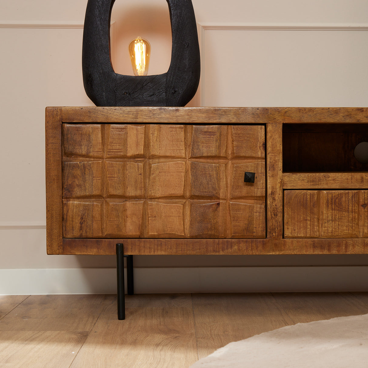 Tv-meubel - Naturel - Mangohout - Blokpatroon - 180 cm