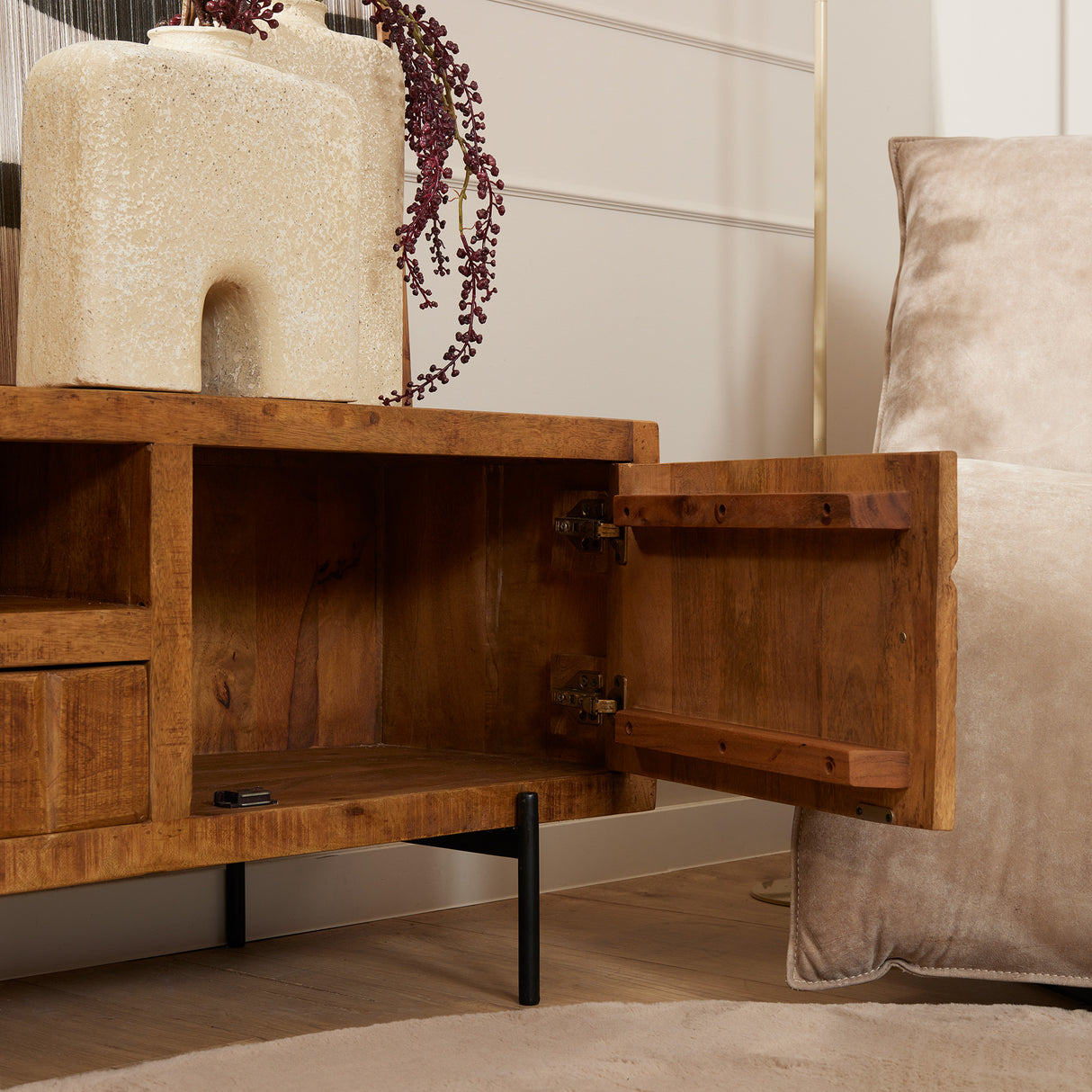 Tv-meubel - Naturel - Mangohout - Blokpatroon - 180 cm