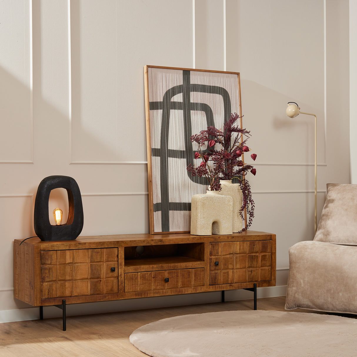 Tv-meubel - Naturel - Mangohout - Blokpatroon - 180 cm