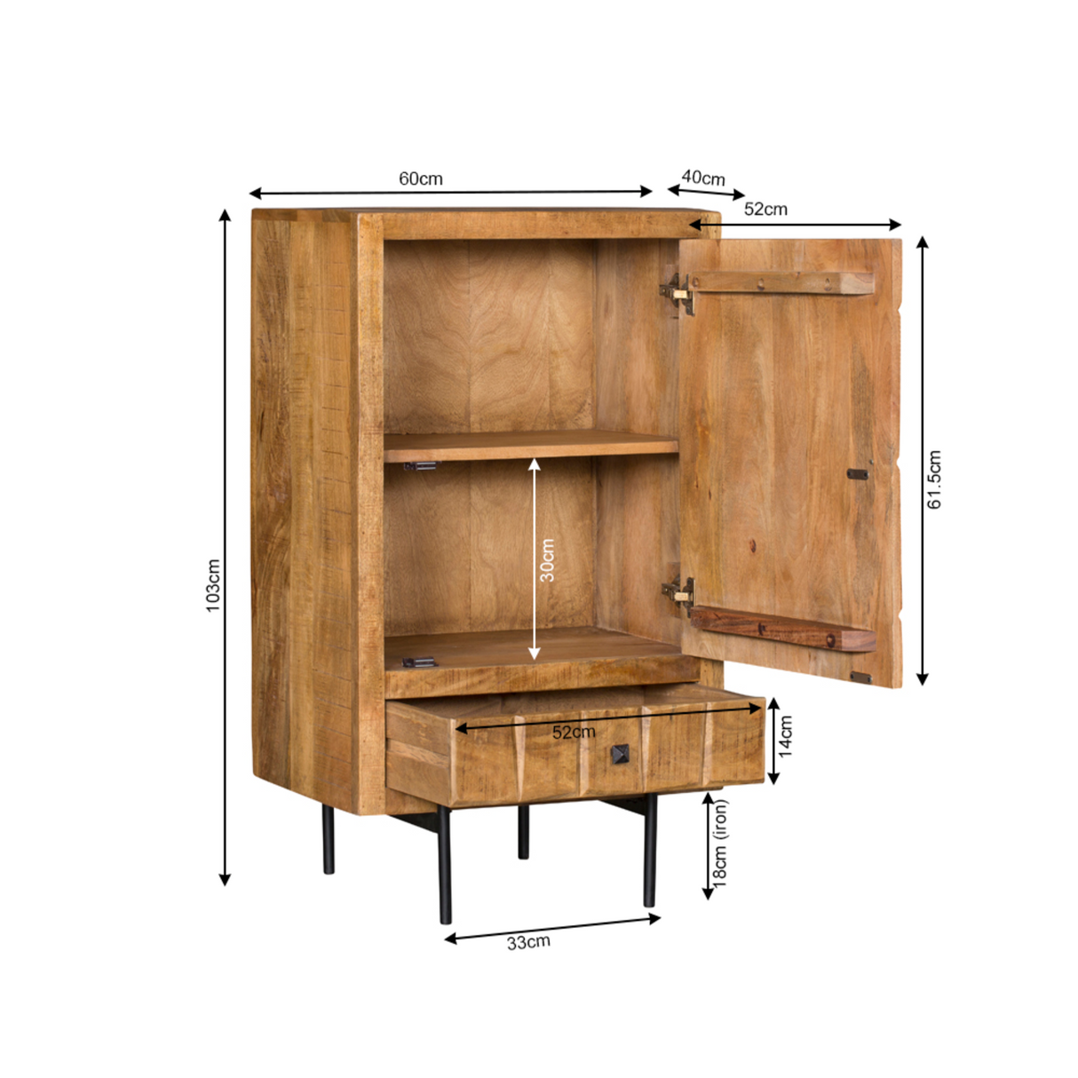 Kabinet - Naturel - Mangohout - 60 cm - 1 Deur - 1 Lade