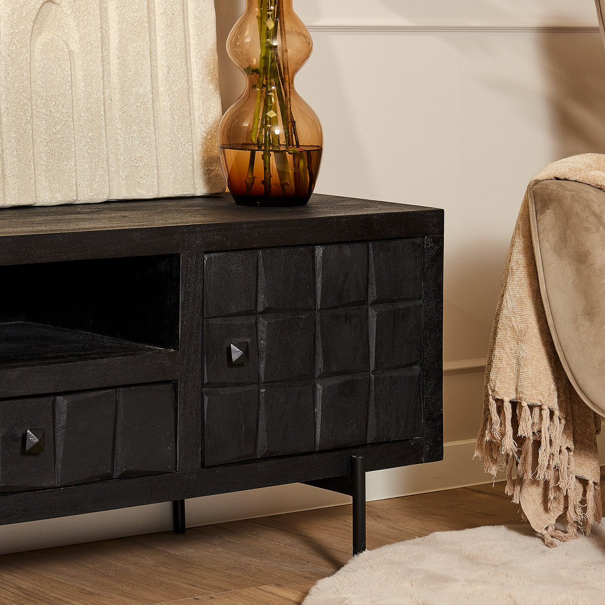 Tv-meubel - Zwart - Mangohout - Blokpatroon - 150 cm