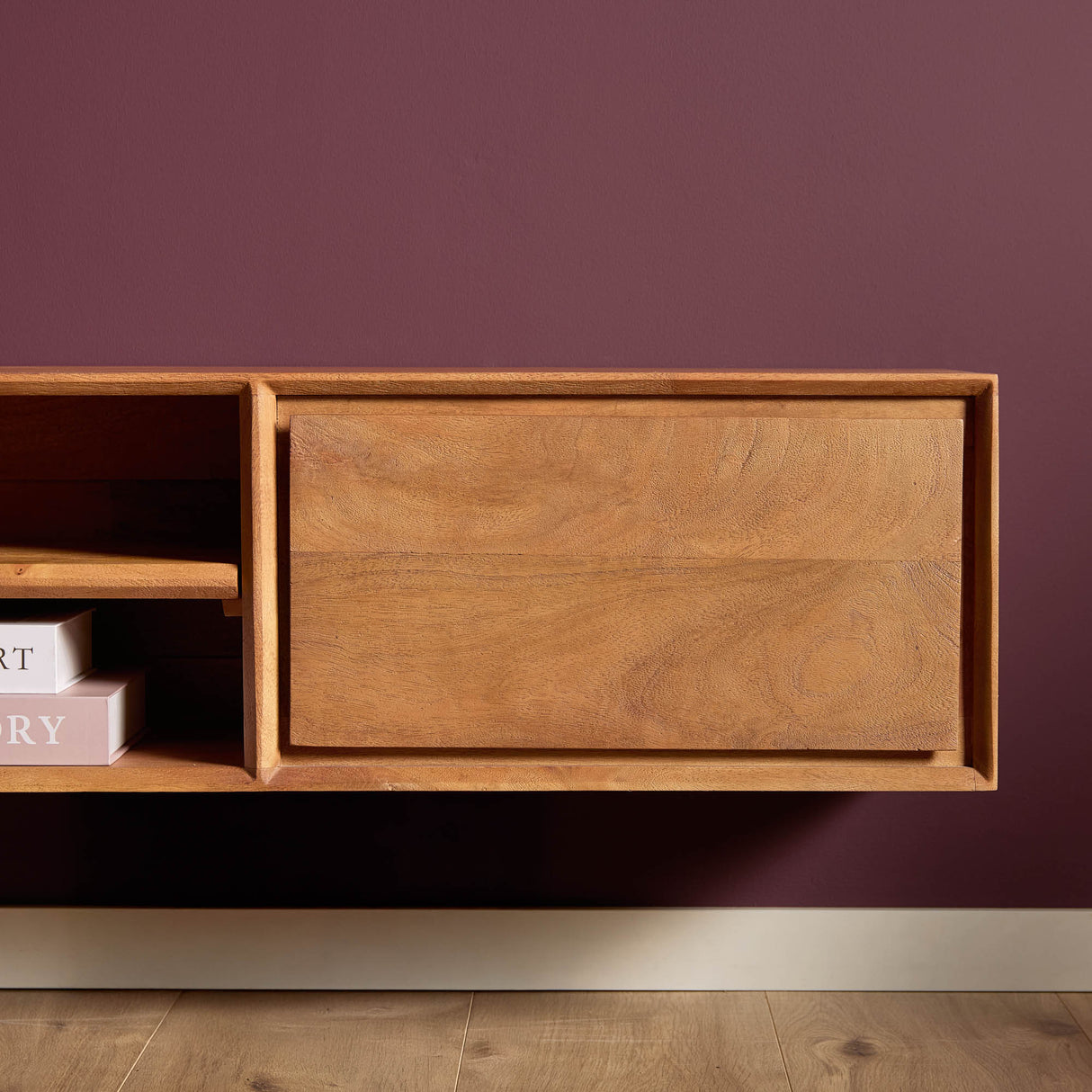Zwevend Tv-meubel - Naturel Mangohout - 160 cm - 2 Lades & 2 Open Vakken