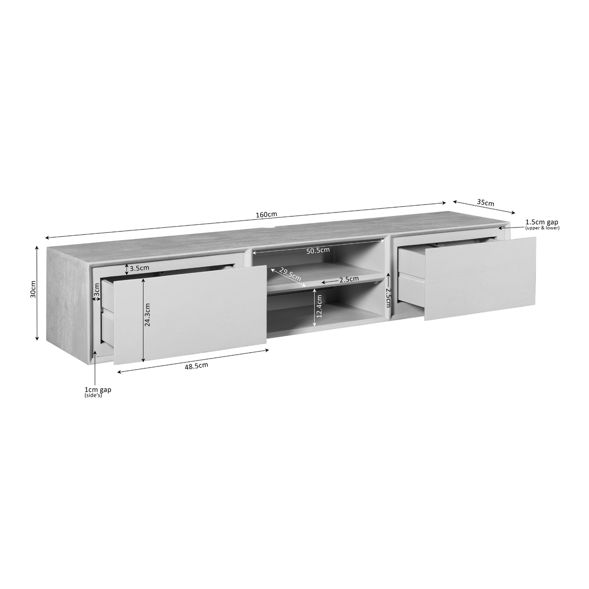 Zwevend Tv-meubel - Naturel Mangohout - 160 cm - 2 Lades & 2 Open Vakken