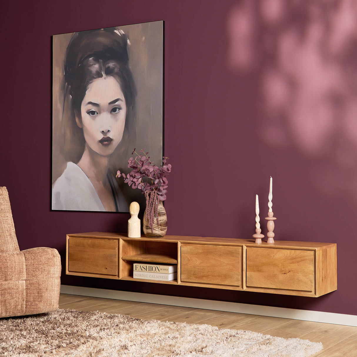 Zwevend Tv-meubel - Naturel Mangohout - 200 cm - 3 Lades & 2 Open Vakken