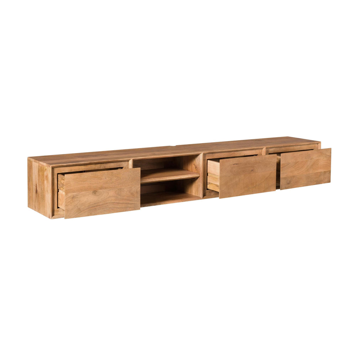 Zwevend Tv-meubel - Naturel Mangohout - 200 cm - 3 Lades & 2 Open Vakken