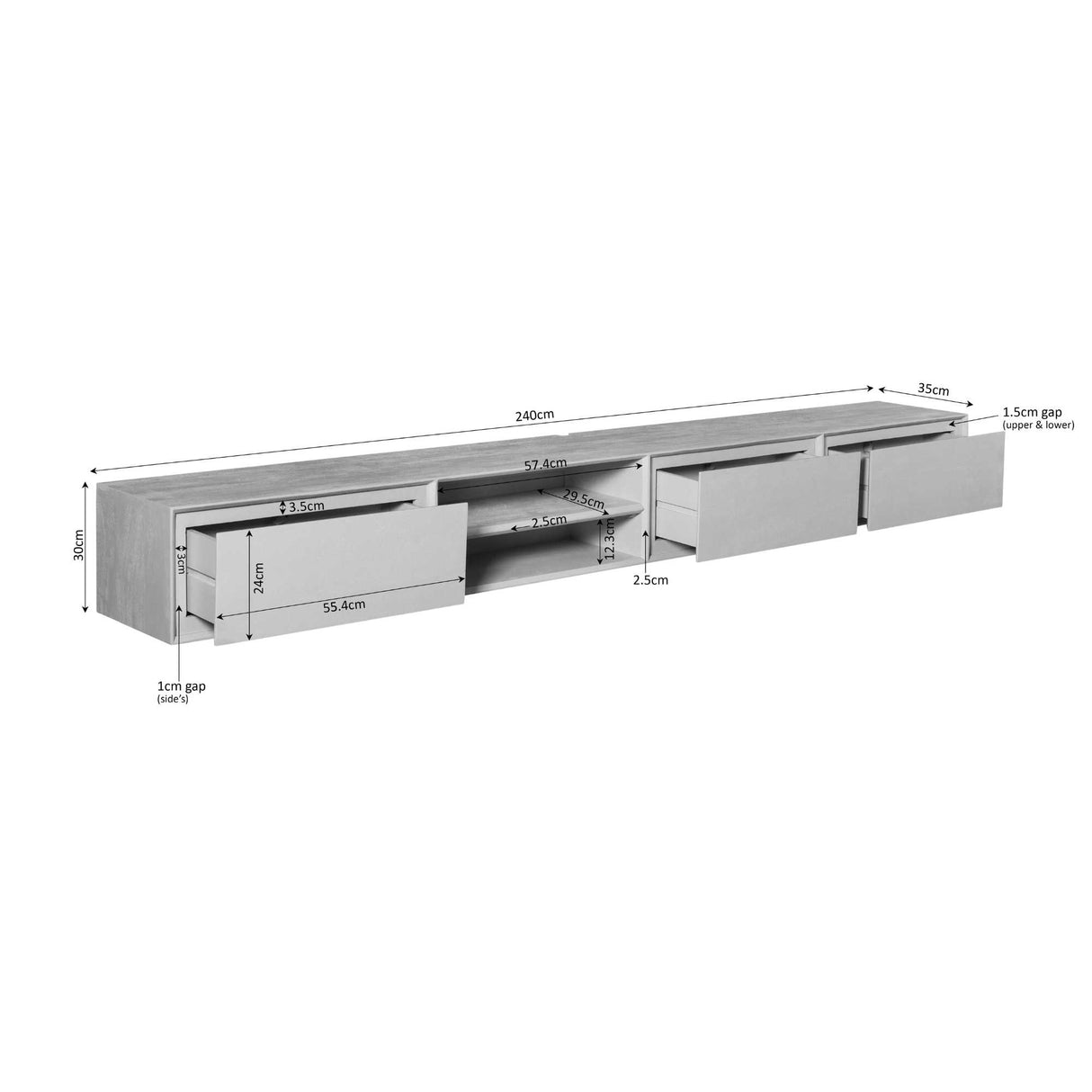 Zwevend TV-meubel - 240 cm - Bruin Mangohout - 3 Laden & 2 Open Vakken