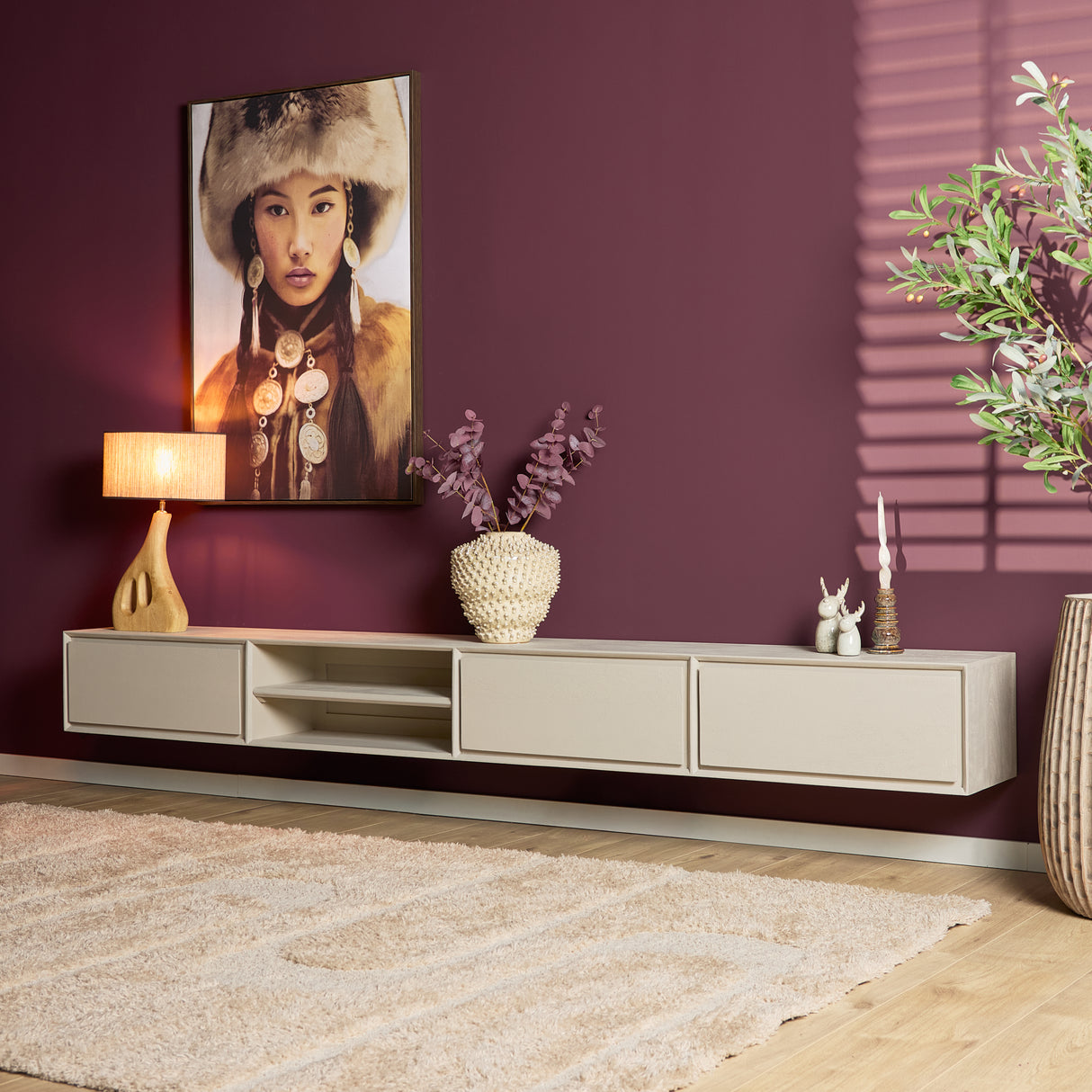 Zwevend Tv-meubel - Zand Mangohout - 280 cm - 3 Lades & 2 Open Vakken