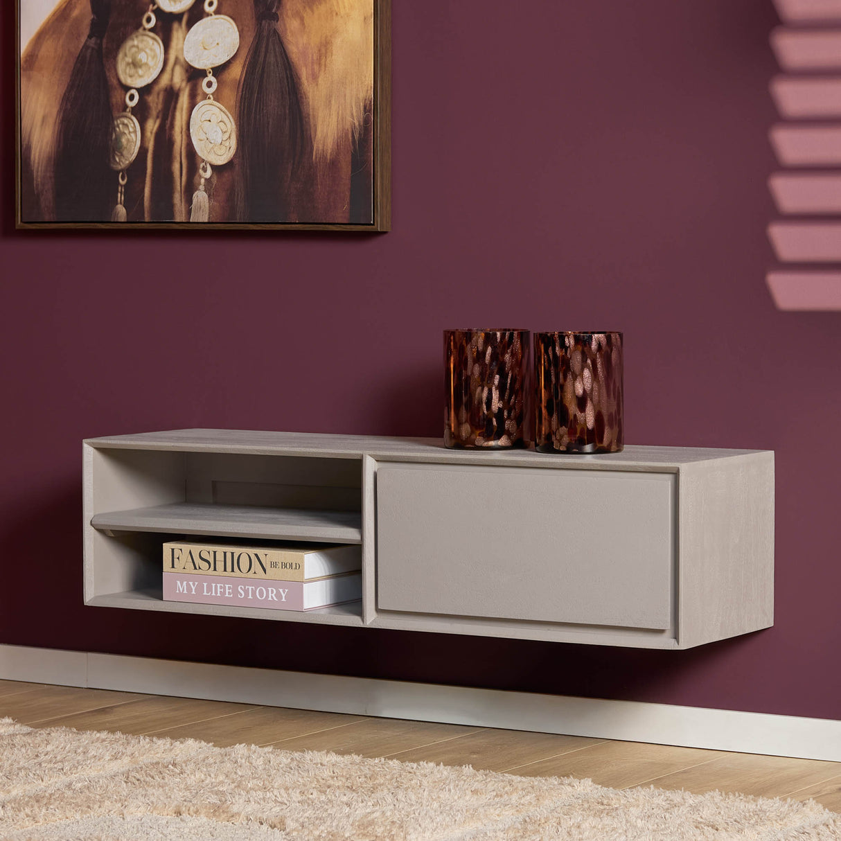 Zwevend Tv-meubel - Taupe Mangohout - 120 cm - 1 Lade & 2 Open Vakken