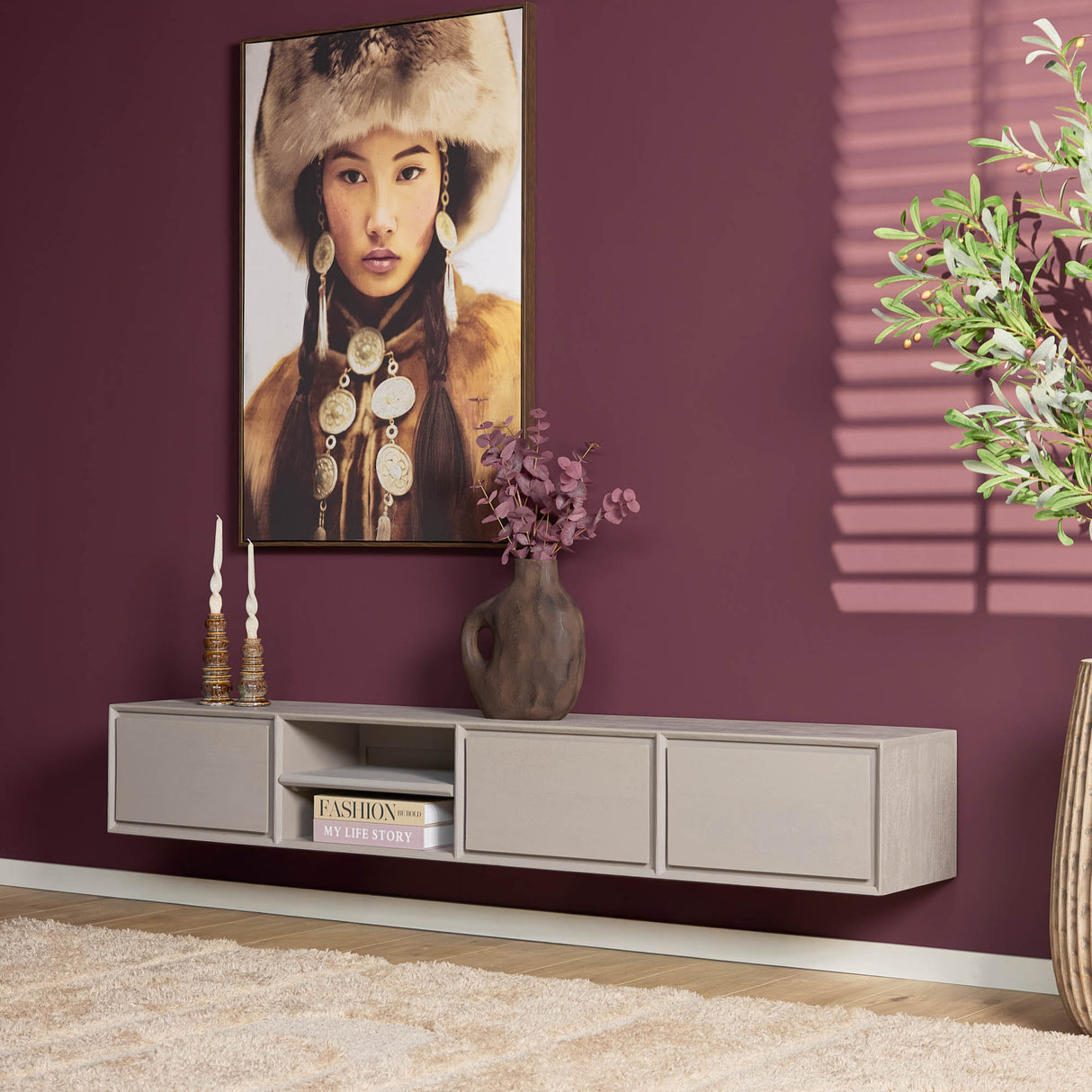 Zwevend Tv-meubel - Taupe Mangohout - 200 cm - 3 Lades & 2 Open Vakken