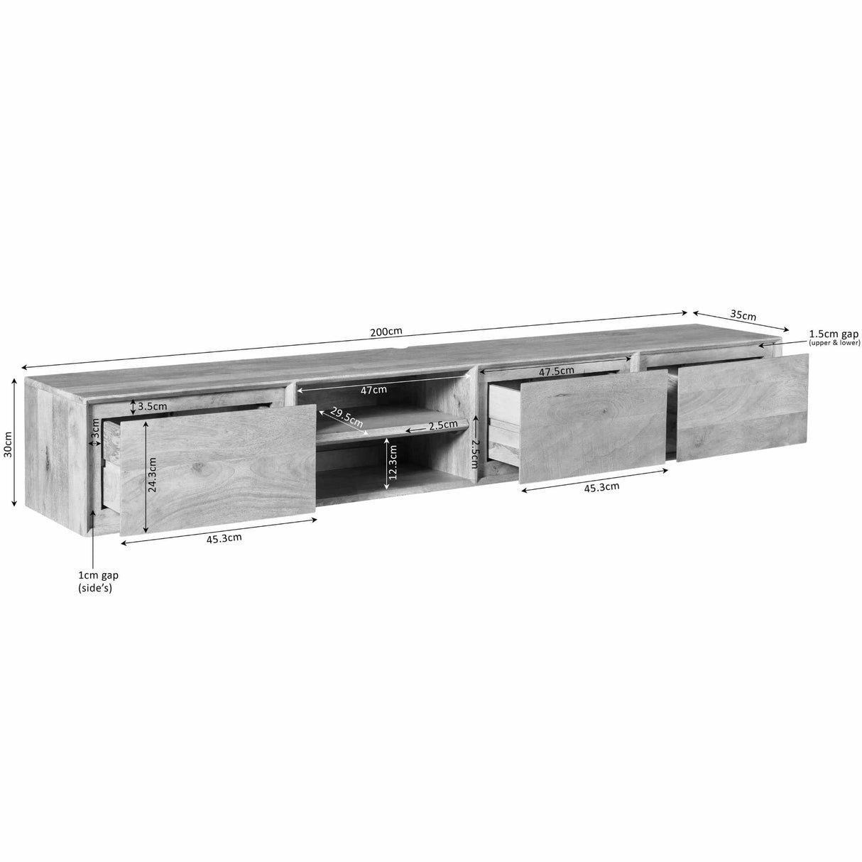 Zwevend Tv-meubel - Taupe Mangohout - 200 cm - 3 Lades & 2 Open Vakken
