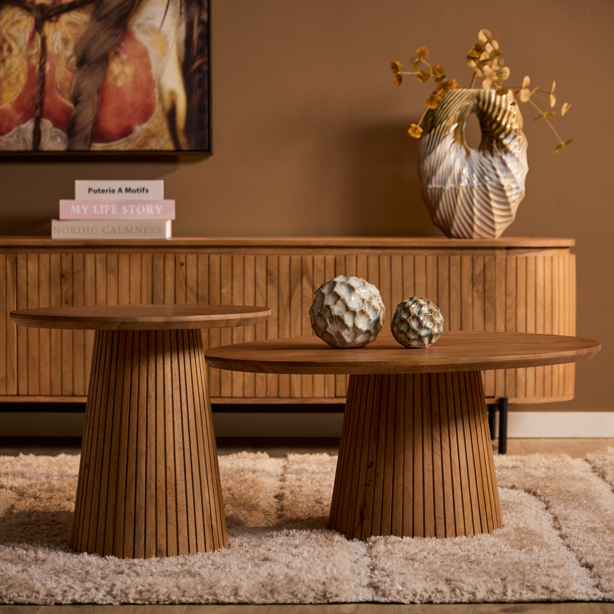 Ronde Salontafel - Naturel Mangohout - 80 cm - Design Lattenpoot