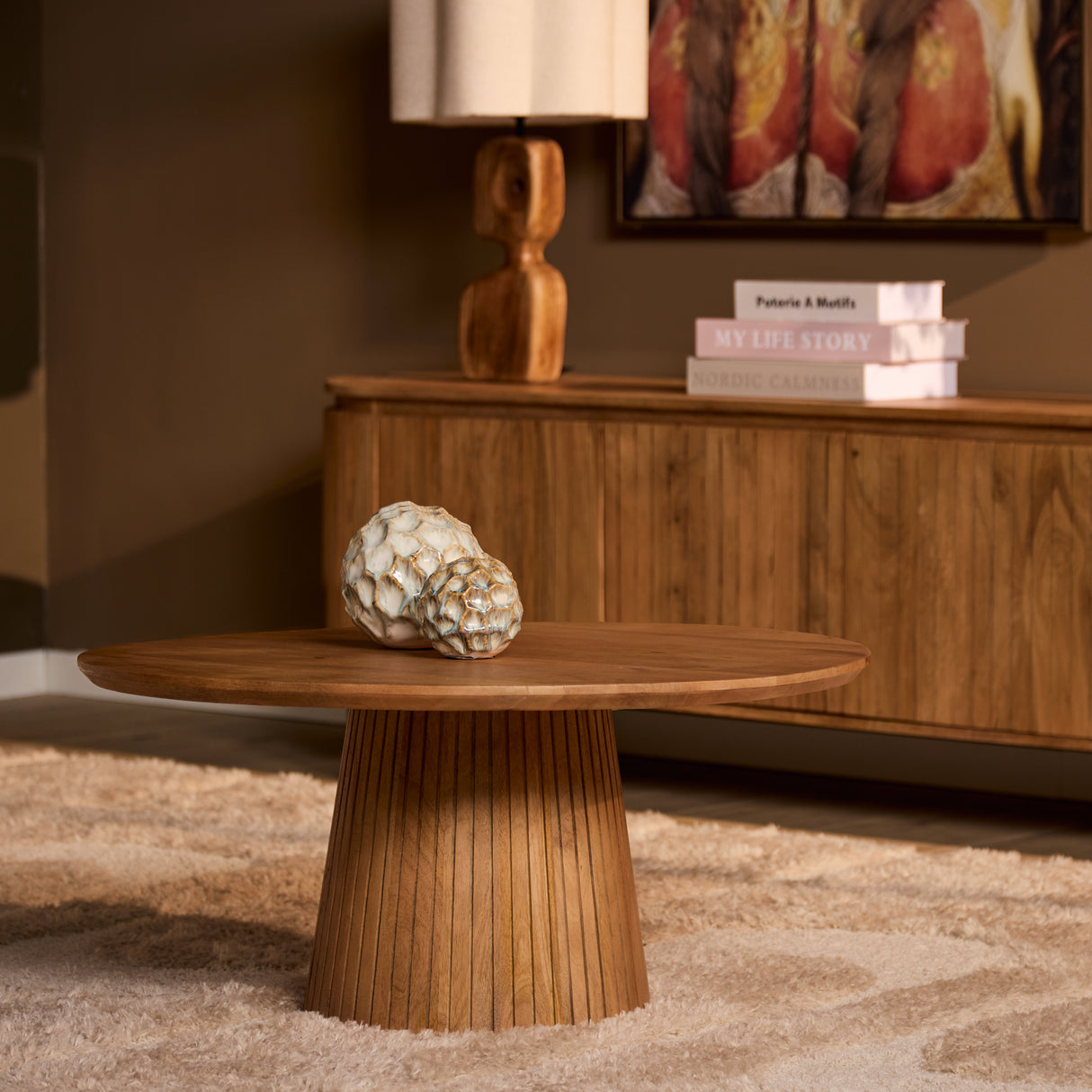 Ronde Salontafel - Naturel Mangohout - 80 cm - Design Lattenpoot
