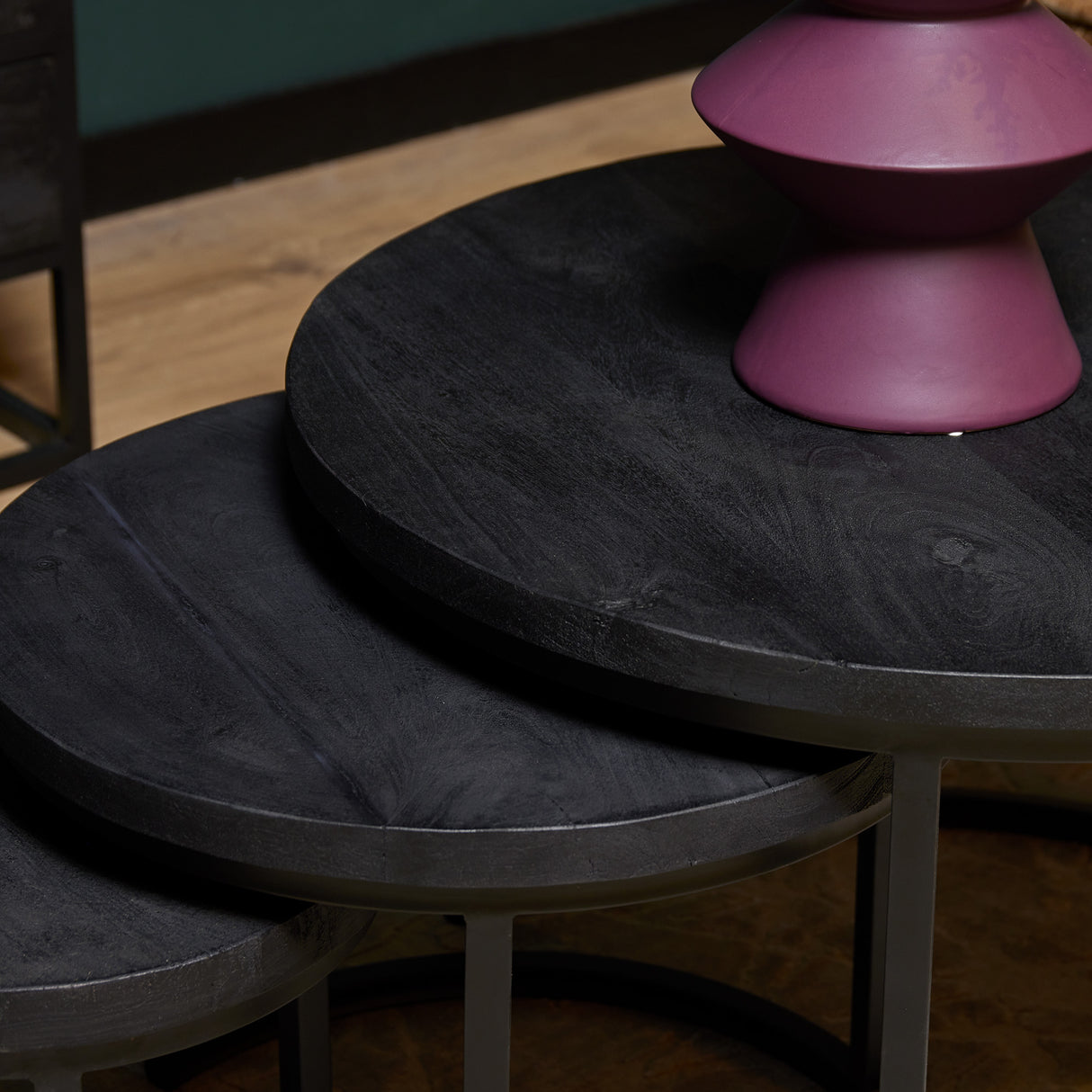 Salontafel set - Zwart - Mangohout - Staal - 3-delig - Rond