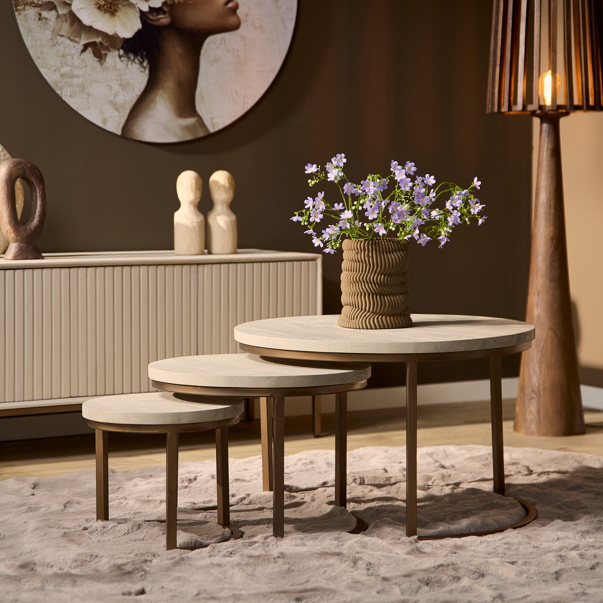 Salontafel Set van 3 - Ø 70 cm - Zandkleurig Mangohout - Bronskleurig Frame