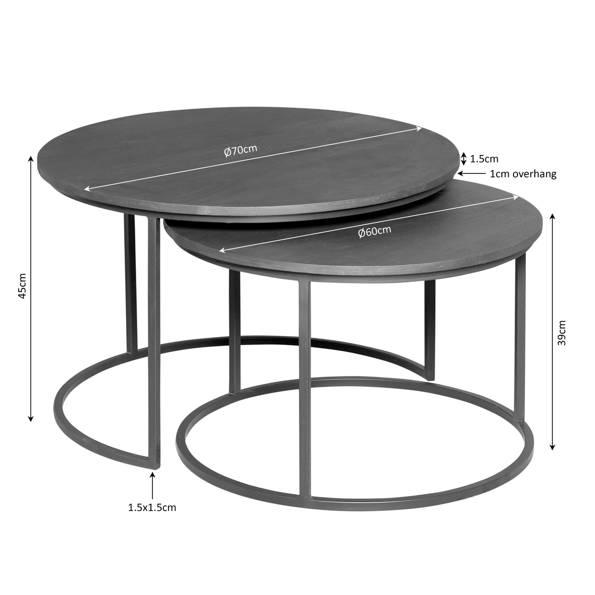 Salontafel Set van 2 - 70 cm & 60 cm - Bruin Mangohout - Zwart Stalen Frame