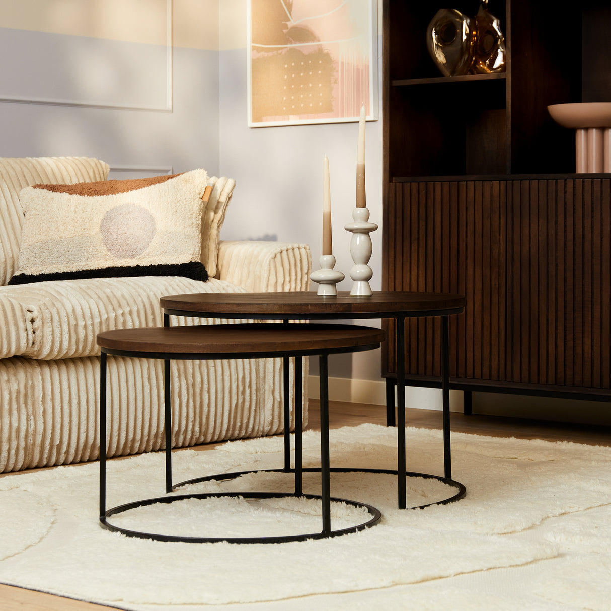 Salontafel Set van 2 - 70 cm & 60 cm - Bruin Mangohout - Zwart Stalen Frame