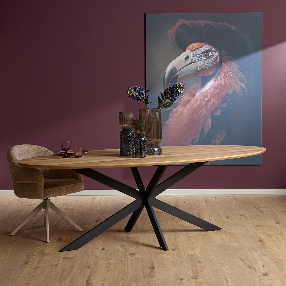Ovale Eettafel - Naturel Europees Eikenhout - 280 cm - Stalen Spider-poot