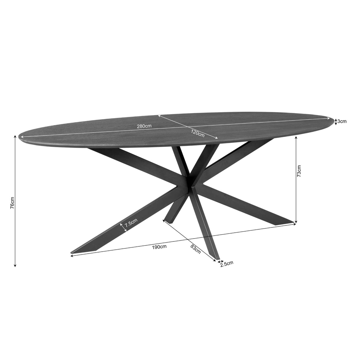 Ovale Eettafel - Naturel Europees Eikenhout - 280 cm - Stalen Spider-poot