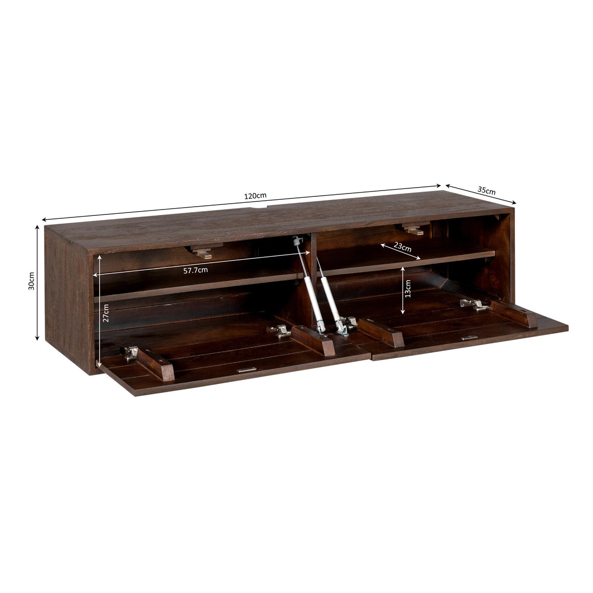 Zwevend TV-meubel - 120 cm - Bruin Mangohout - Greeploos - Push-to-Open