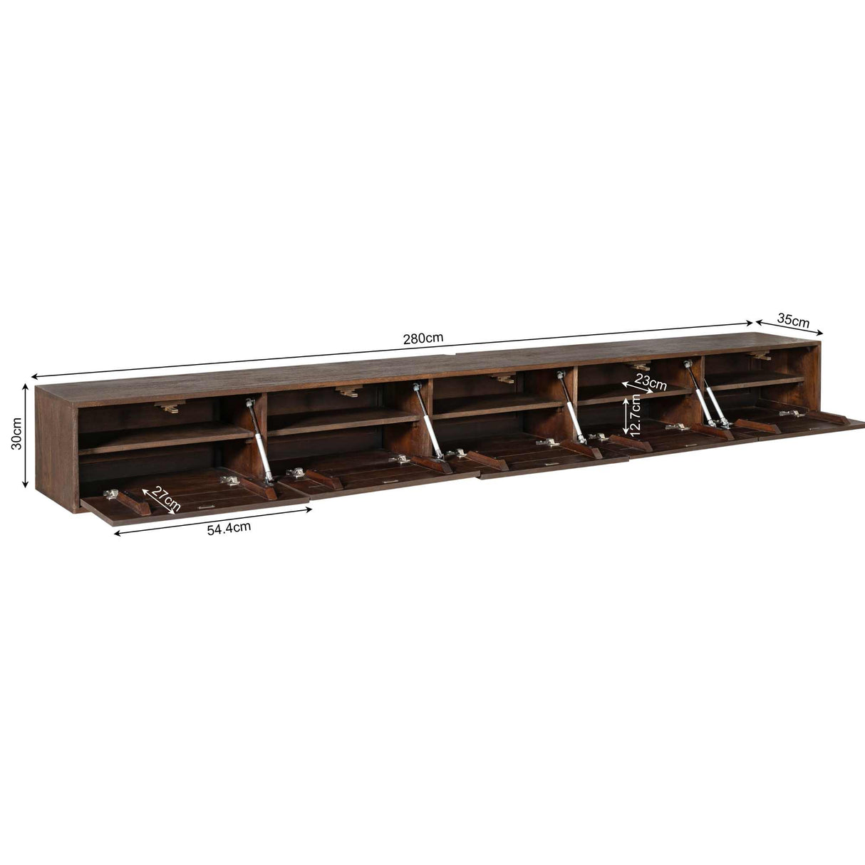 Zwevend TV-meubel - 280 cm - Bruin Mangohout - Greeploos - Push-to-Open