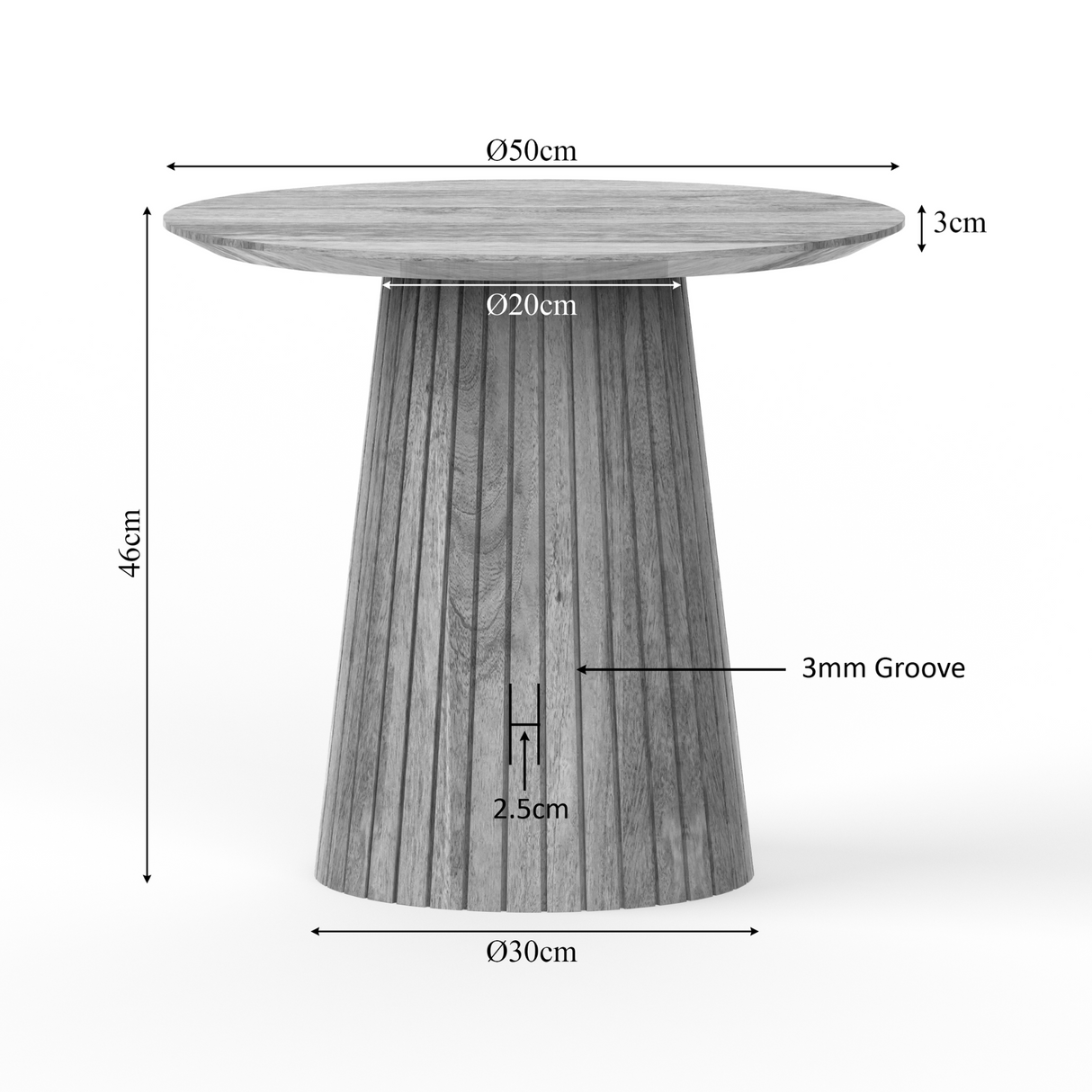 Ronde Salontafel - Taupe Mangohout - 50 cm - Lattenpatroon op Zuilpoot