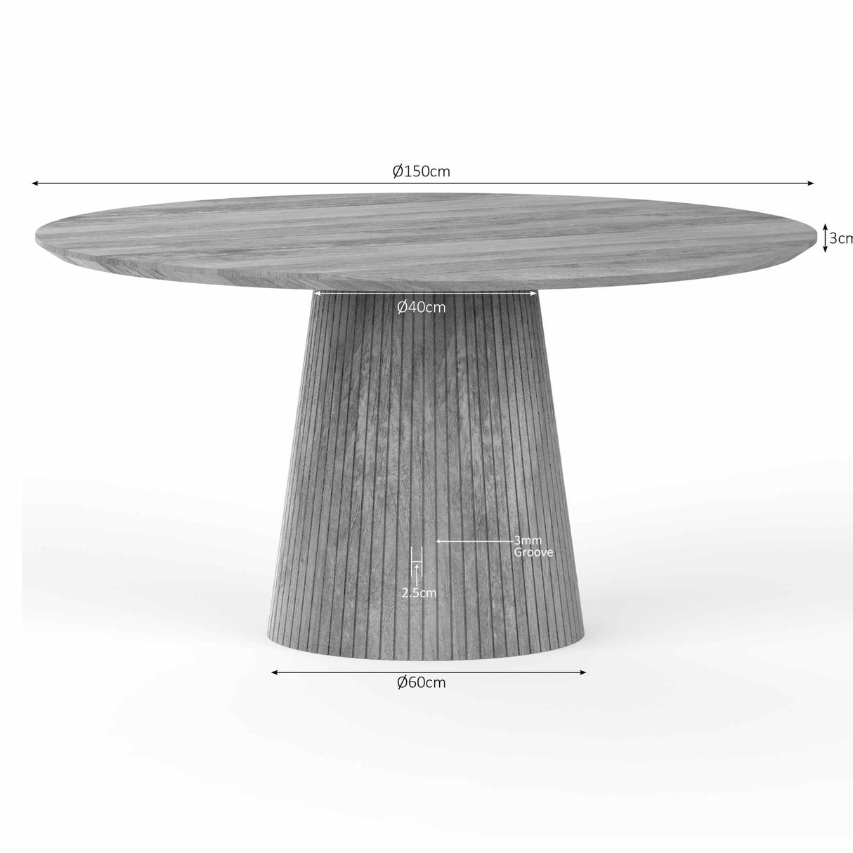 Ronde Eettafel - Taupe Mangohout - 150 cm - Lattenpatroon op Zuilpoot