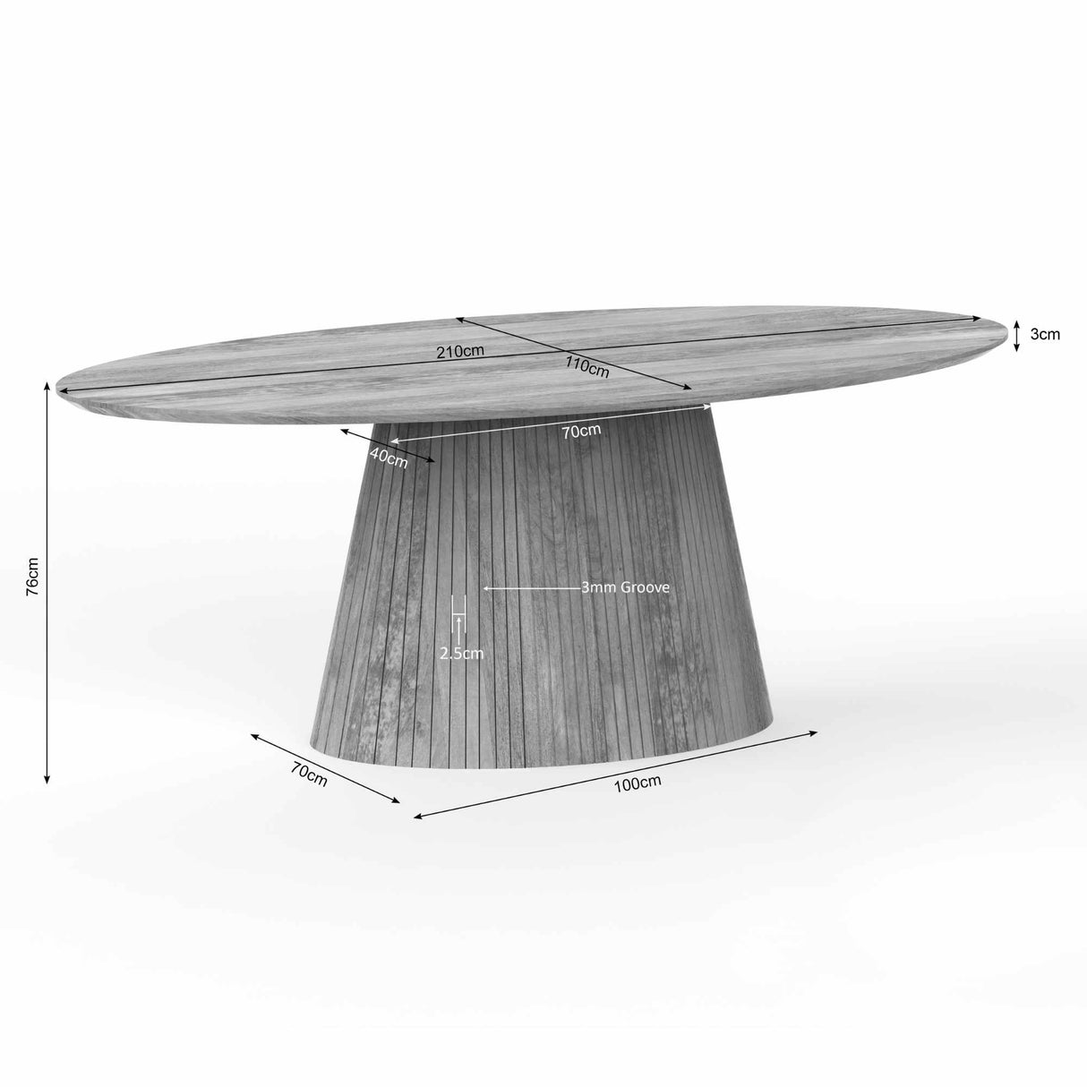 Ovale Eettafel - Taupe Mangohout - 210 cm - Lattenpatroon op Zuilpoot