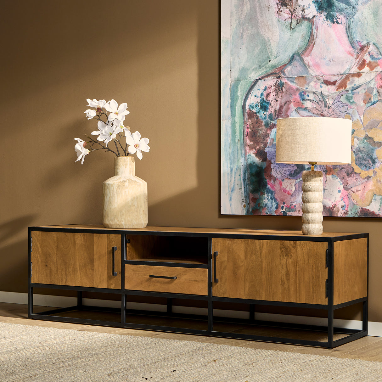 Tv-meubel Naturel Mangohout - 180 cm - Twee Deuren en Eén Lade