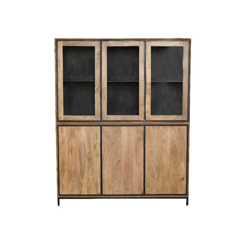 Vitrinekast Naturel Mangohout - 160 cm - Zes Greeploze Deuren en Industrieel Design