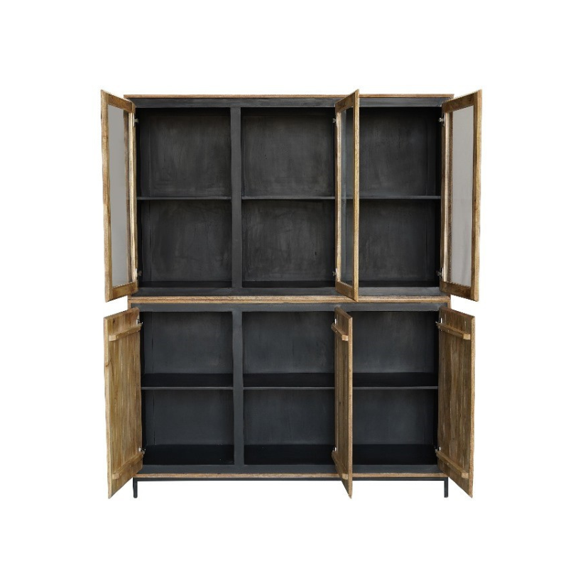 Vitrinekast Naturel Mangohout - 160 cm - Zes Greeploze Deuren en Industrieel Design