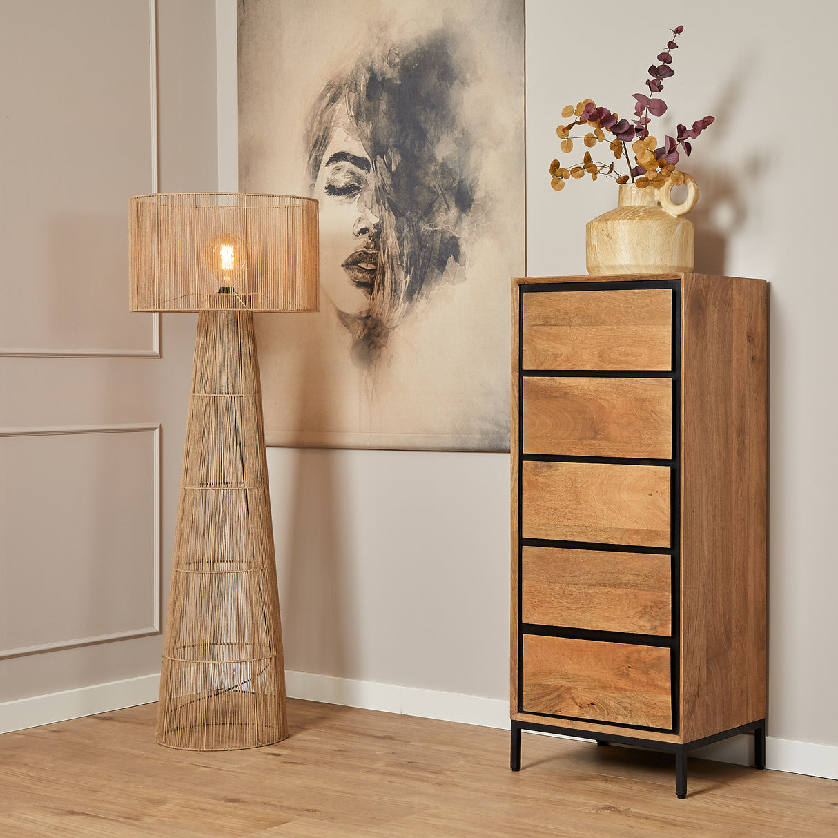 Ladekast Naturel Mangohout - 50 cm - 5 Greeploze Lades
