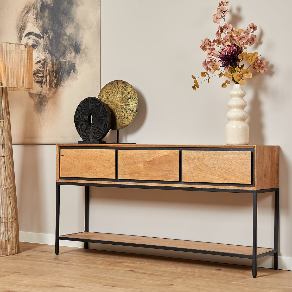 Sidetable Naturel Mangohout - 150 cm - 3 Greeploze Lades en Legplank