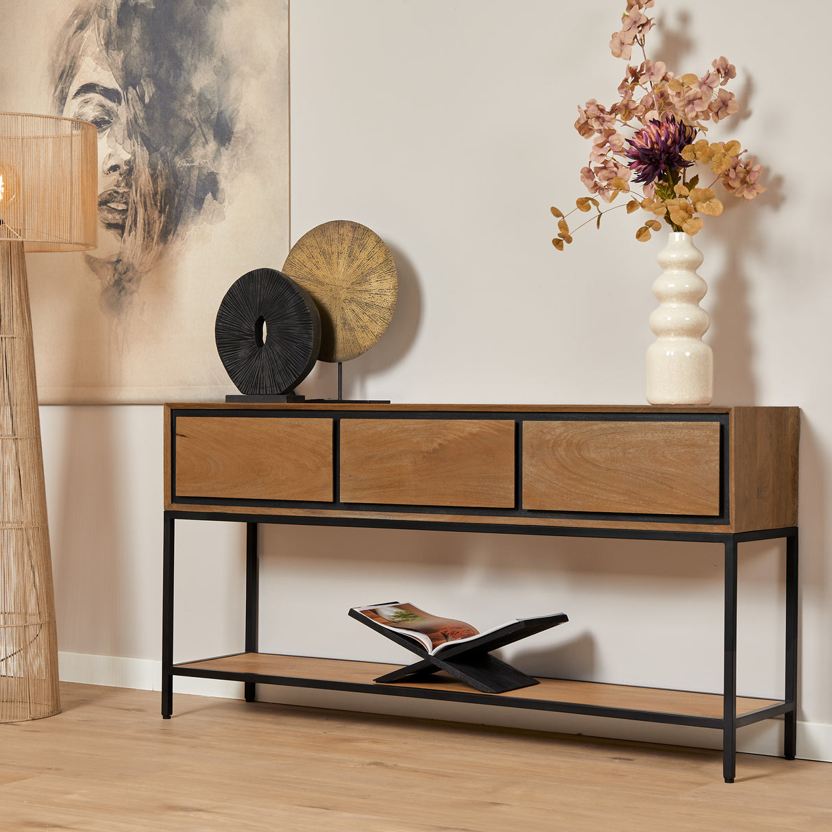 Sidetable Naturel Mangohout - 150 cm - 3 Greeploze Lades en Legplank