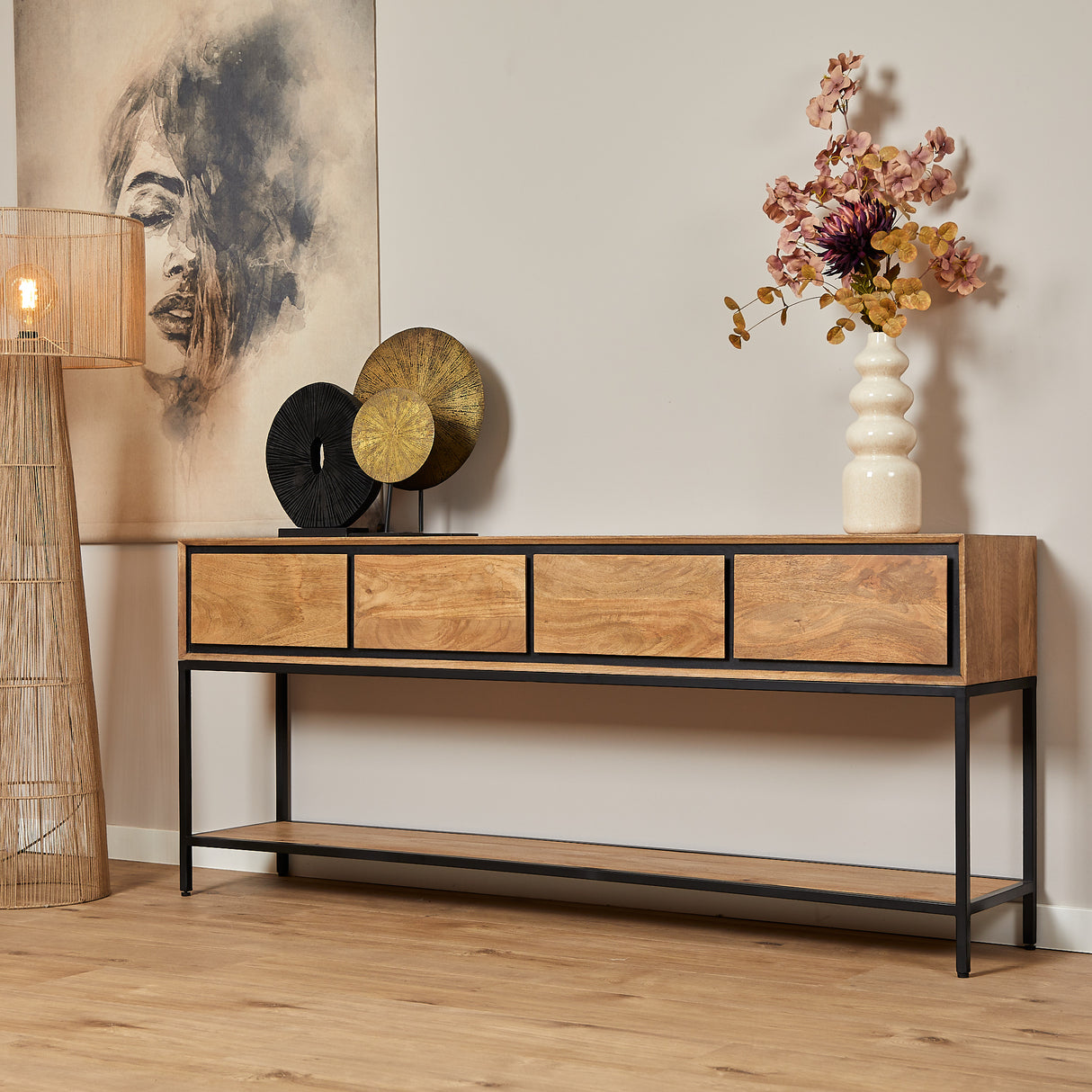 Sidetable Naturel Mangohout - 180 cm - 4 Greeploze Lades en Legplank