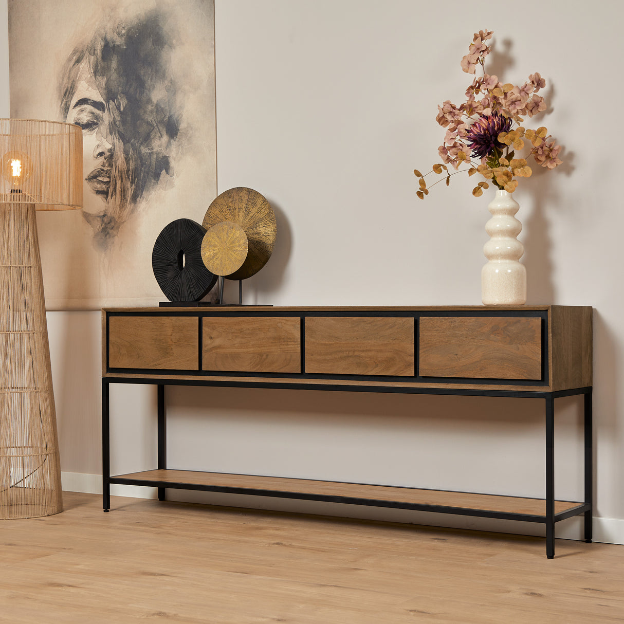 Sidetable Naturel Mangohout - 180 cm - 4 Greeploze Lades en Legplank