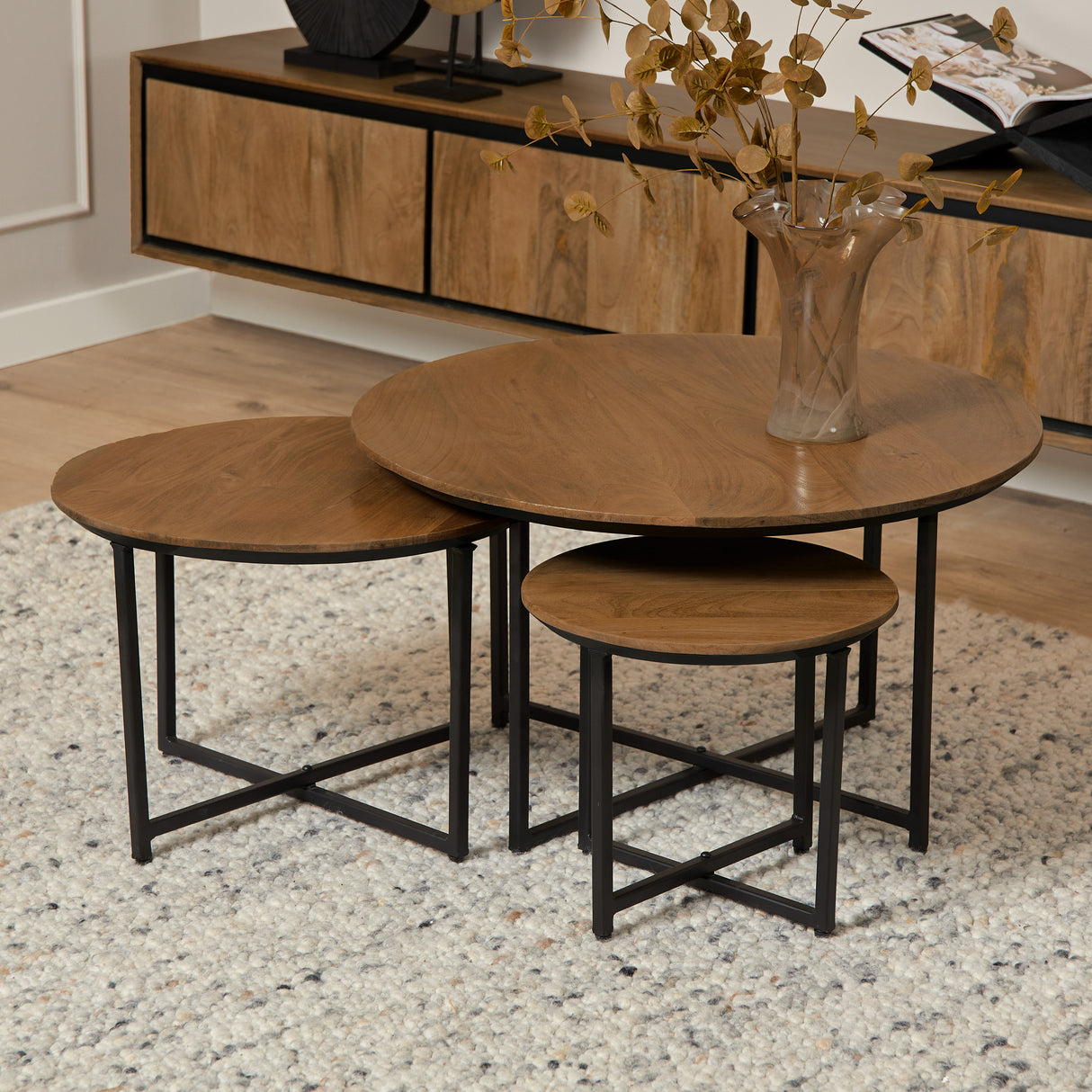 Ronde Salontafel Naturel Mangohout - Set van 3 - 70 cm
