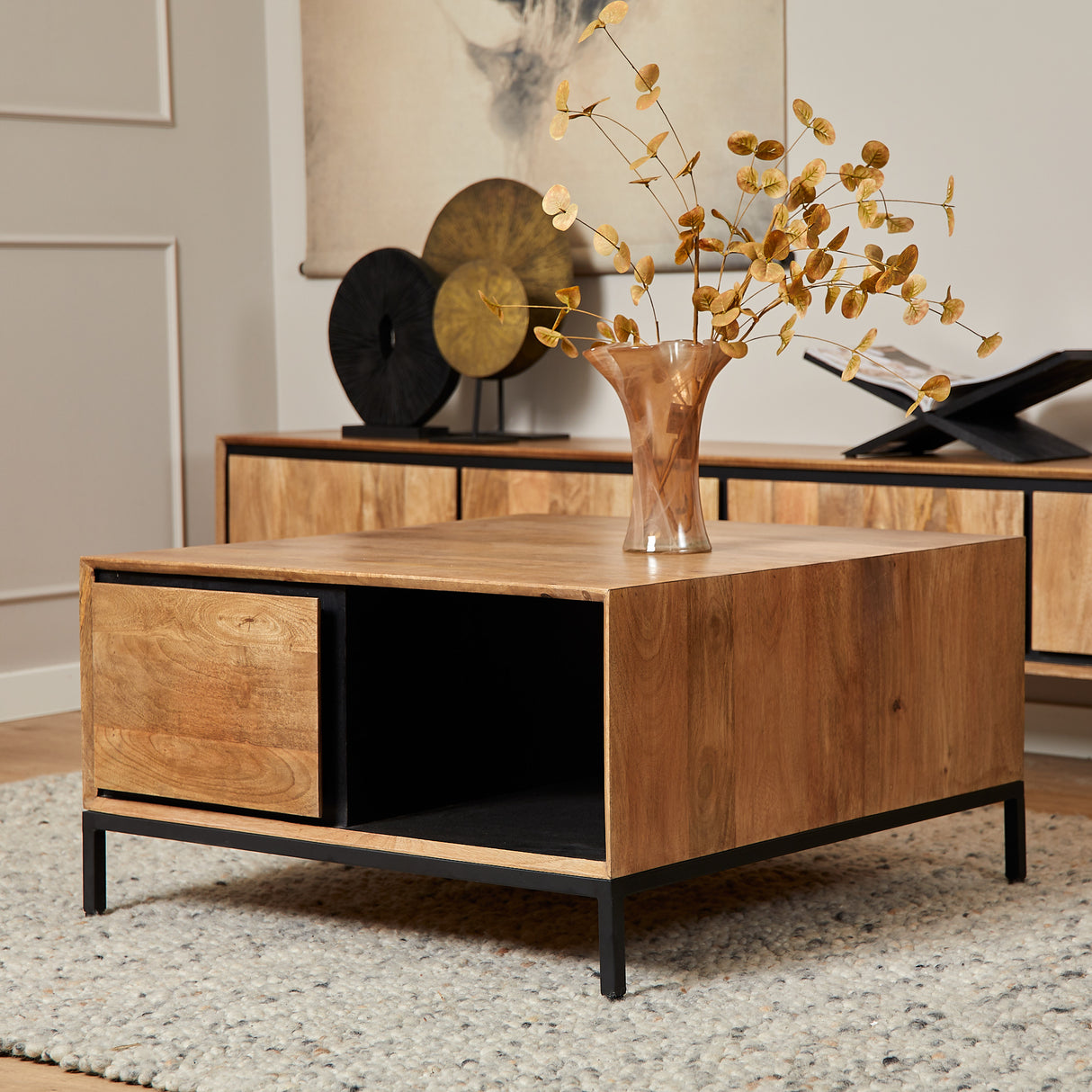 Vierkante Salontafel Naturel Mangohout - 80 cm - Inclusief Lades en Open Vak