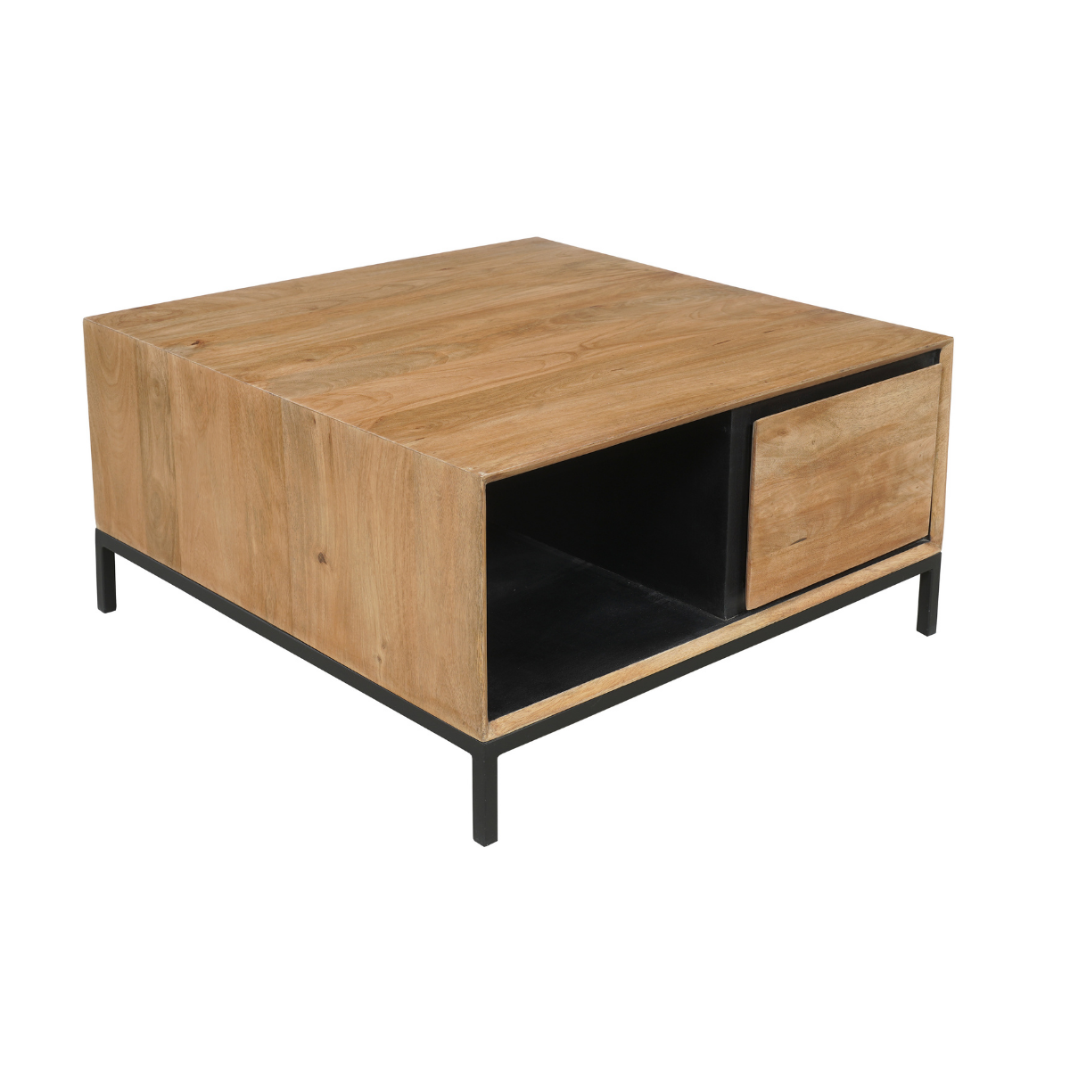 Vierkante Salontafel Naturel Mangohout - 80 cm - Inclusief Lades en Open Vak