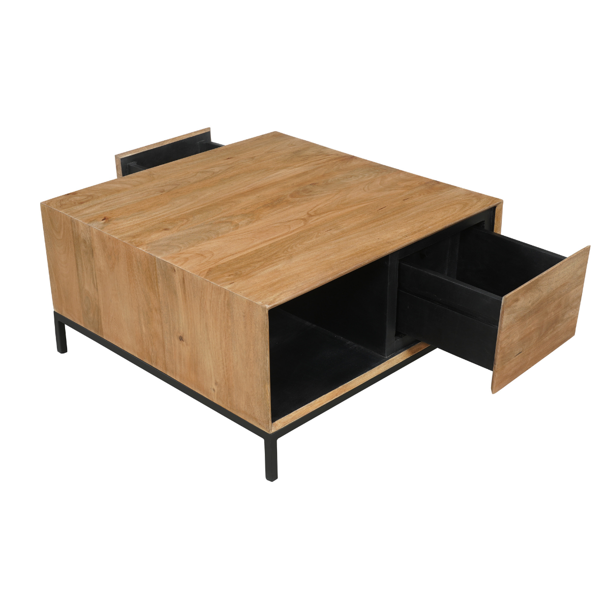 Vierkante Salontafel Naturel Mangohout - 80 cm - Inclusief Lades en Open Vak