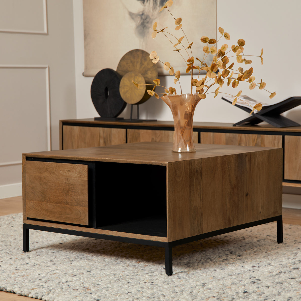 Vierkante Salontafel Naturel Mangohout - 80 cm - Inclusief Lades en Open Vak