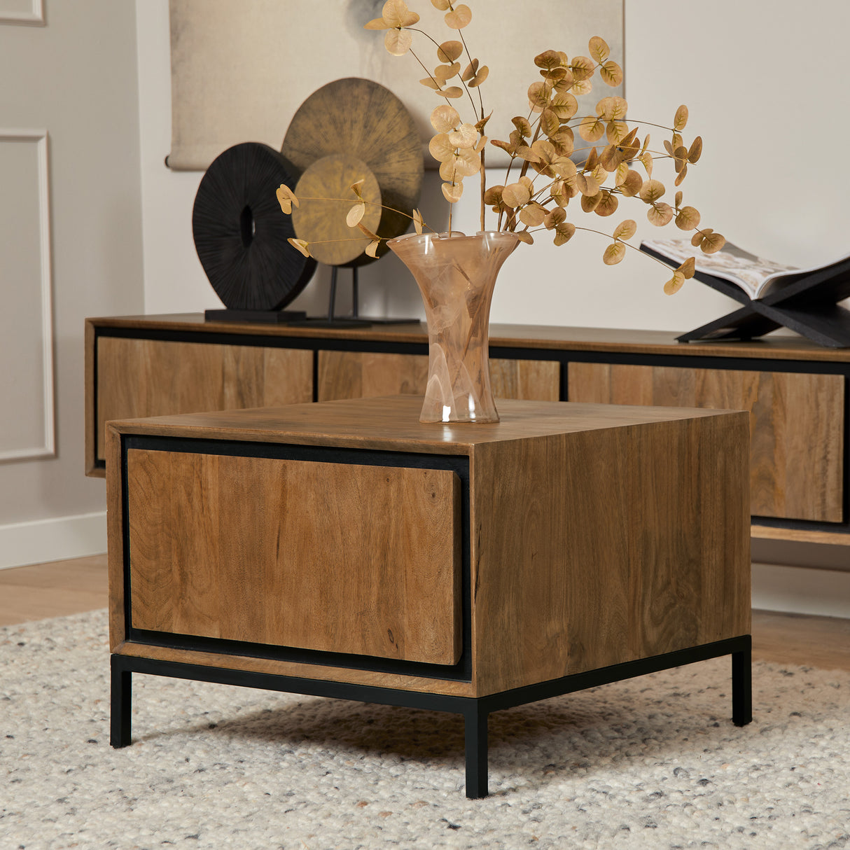 Bijzettafel Naturel Mangohout - 60 cm - Vierkant met Opbergvak