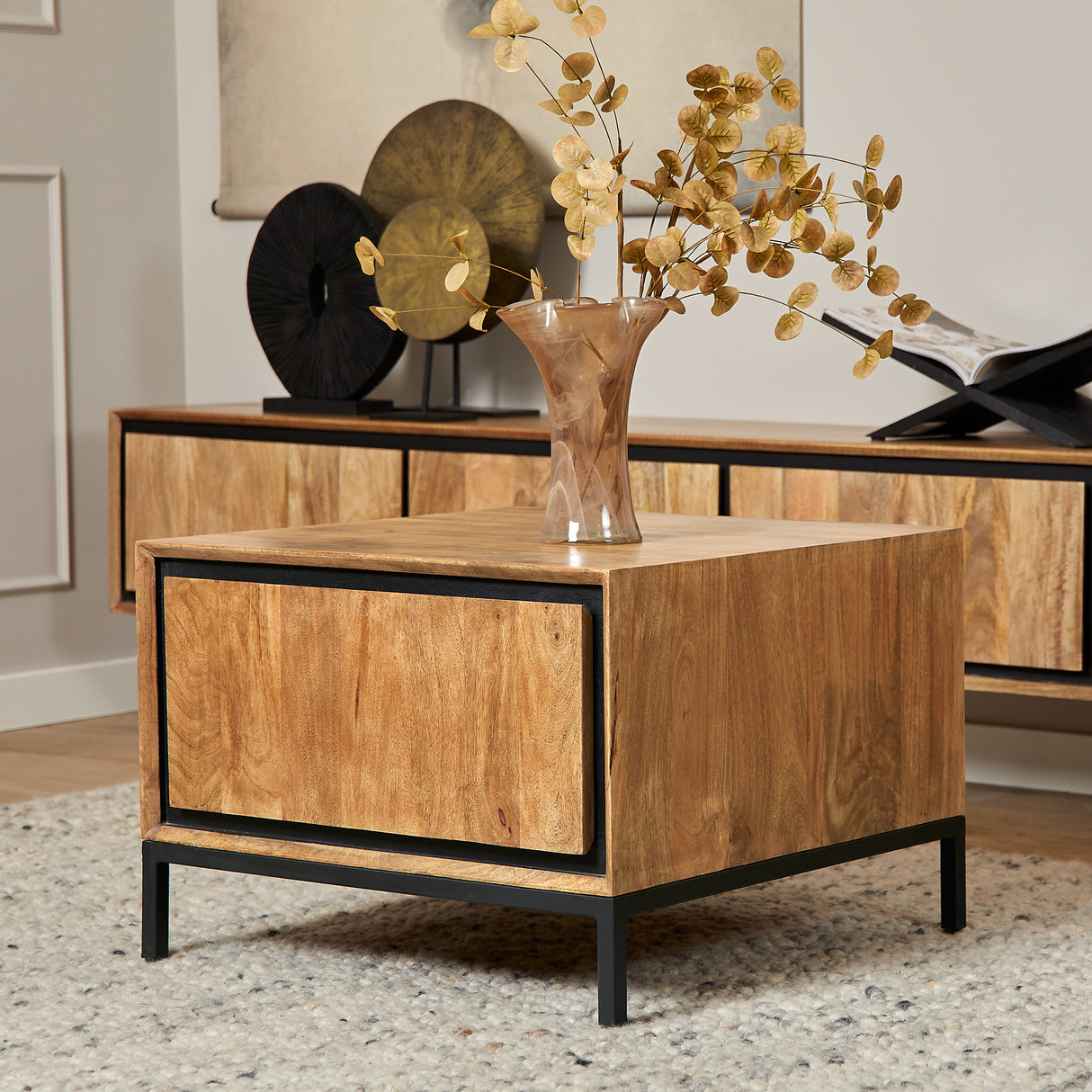 Bijzettafel Naturel Mangohout - 60 cm - Vierkant met Opbergvak