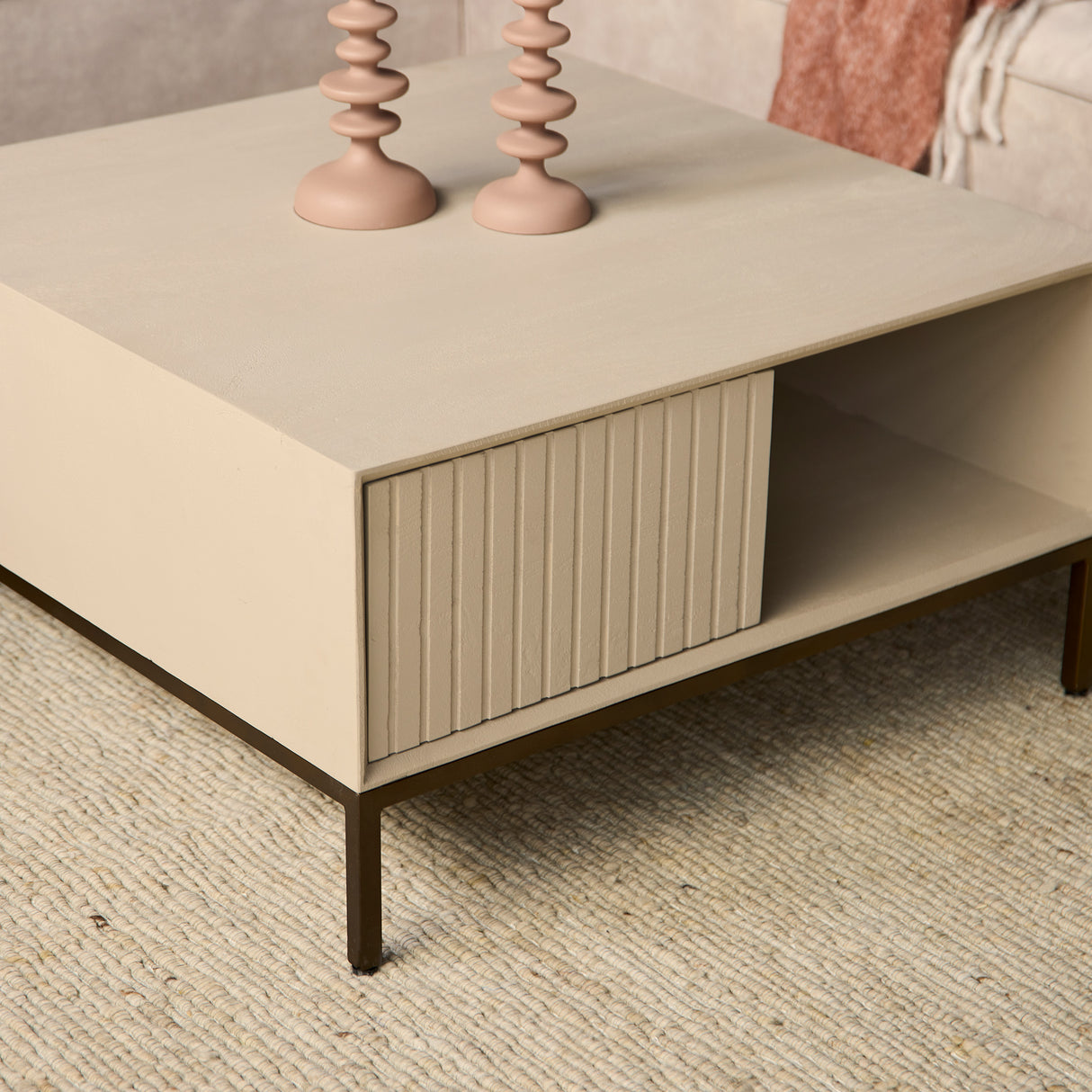 Salontafel Vierkant - Zand Mangohout - 1 Open Vak & 2 Lades - 80 cm