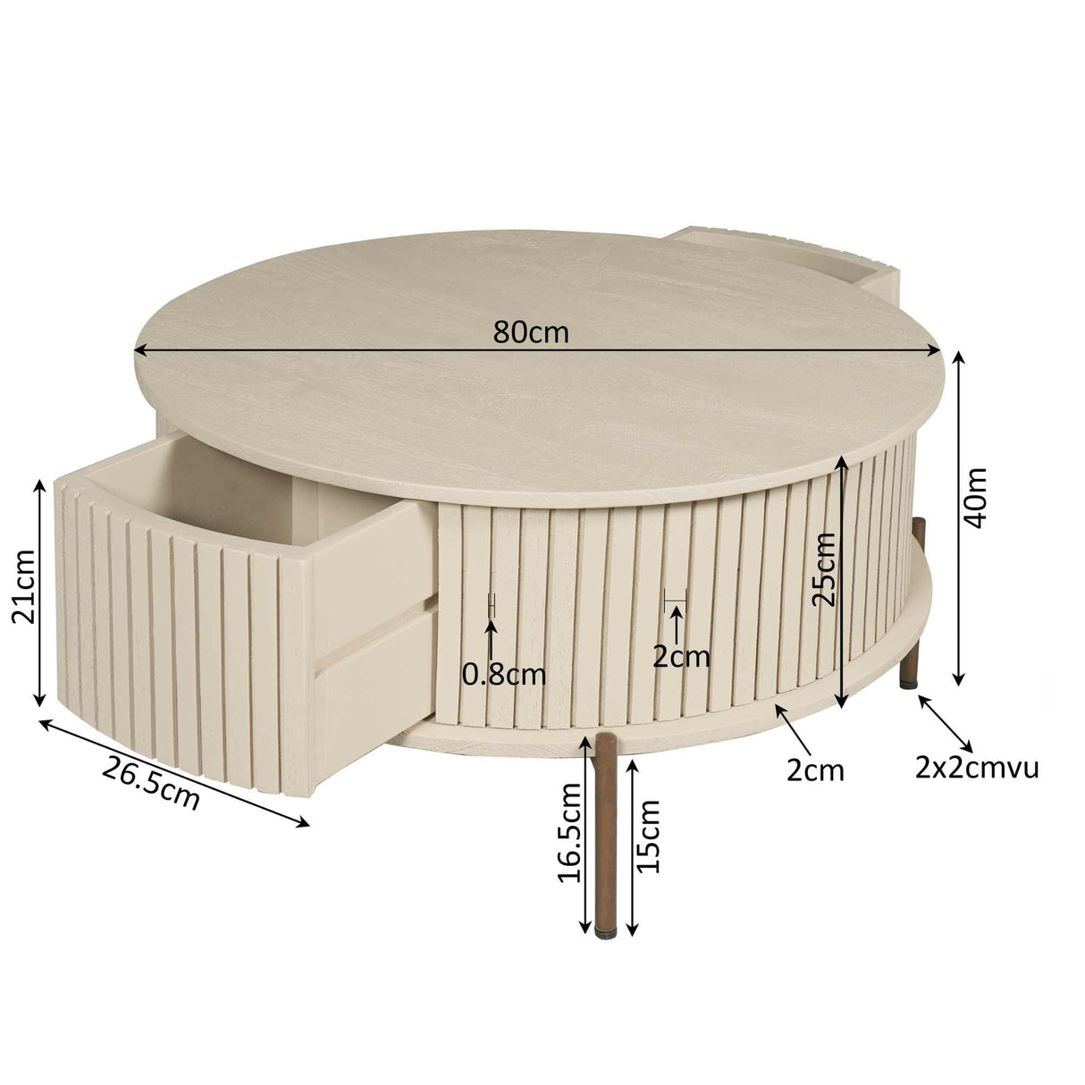 Salontafel Rond - Zand Mangohout - Modern Design met Lades - 80 cm