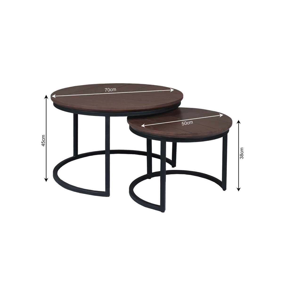 Ronde Salontafel Set Walnoot Eikenhout - 70 cm & 50 cm - Zwart Metalen Onderstel