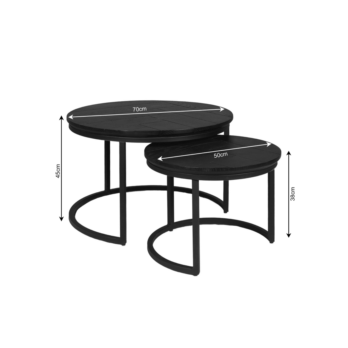 Ronde Salontafel Set Zwart Eikenhout - 70 cm & 50 cm - Zwart Metalen Onderstel