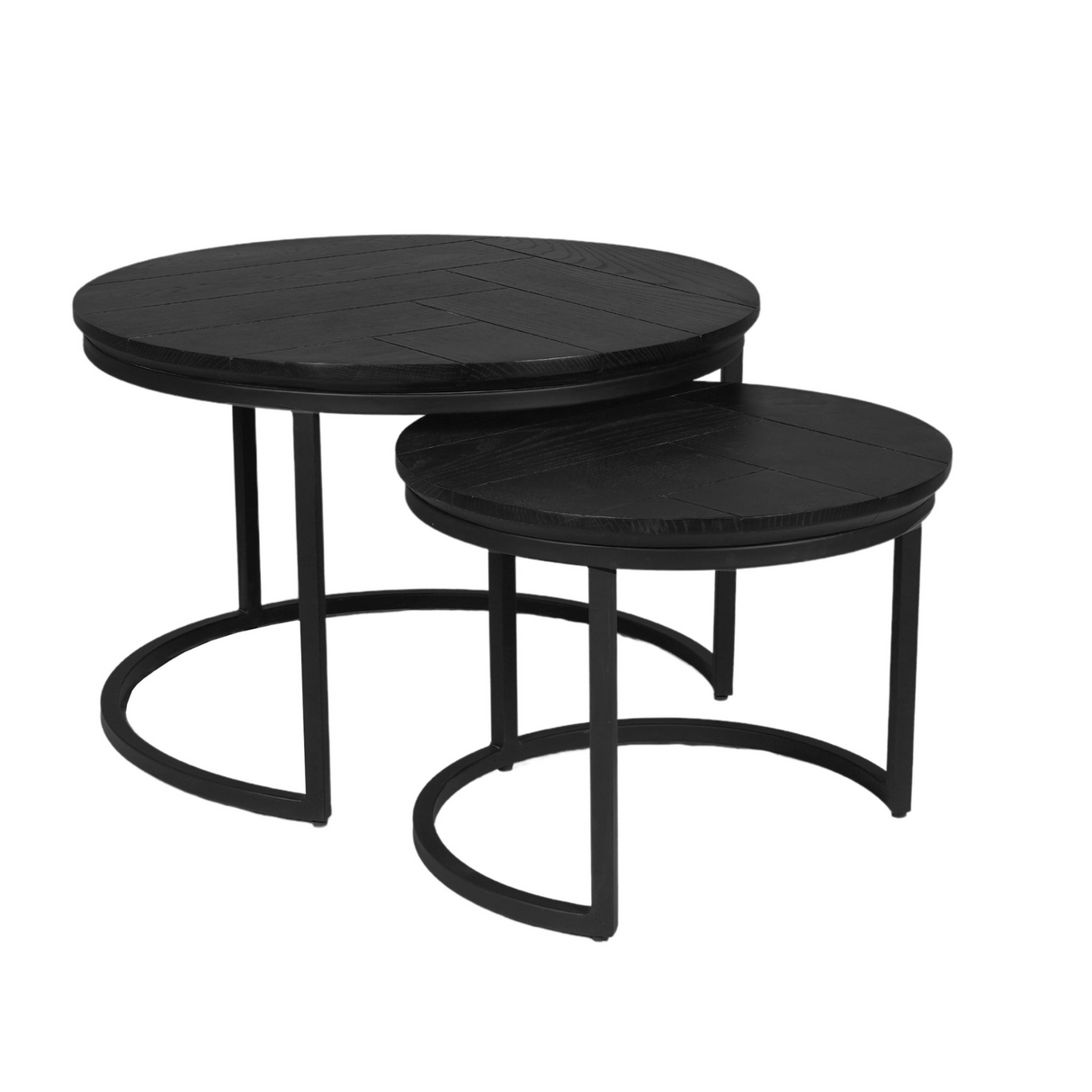 Ronde Salontafel Set Zwart Eikenhout - 70 cm & 50 cm - Zwart Metalen Onderstel