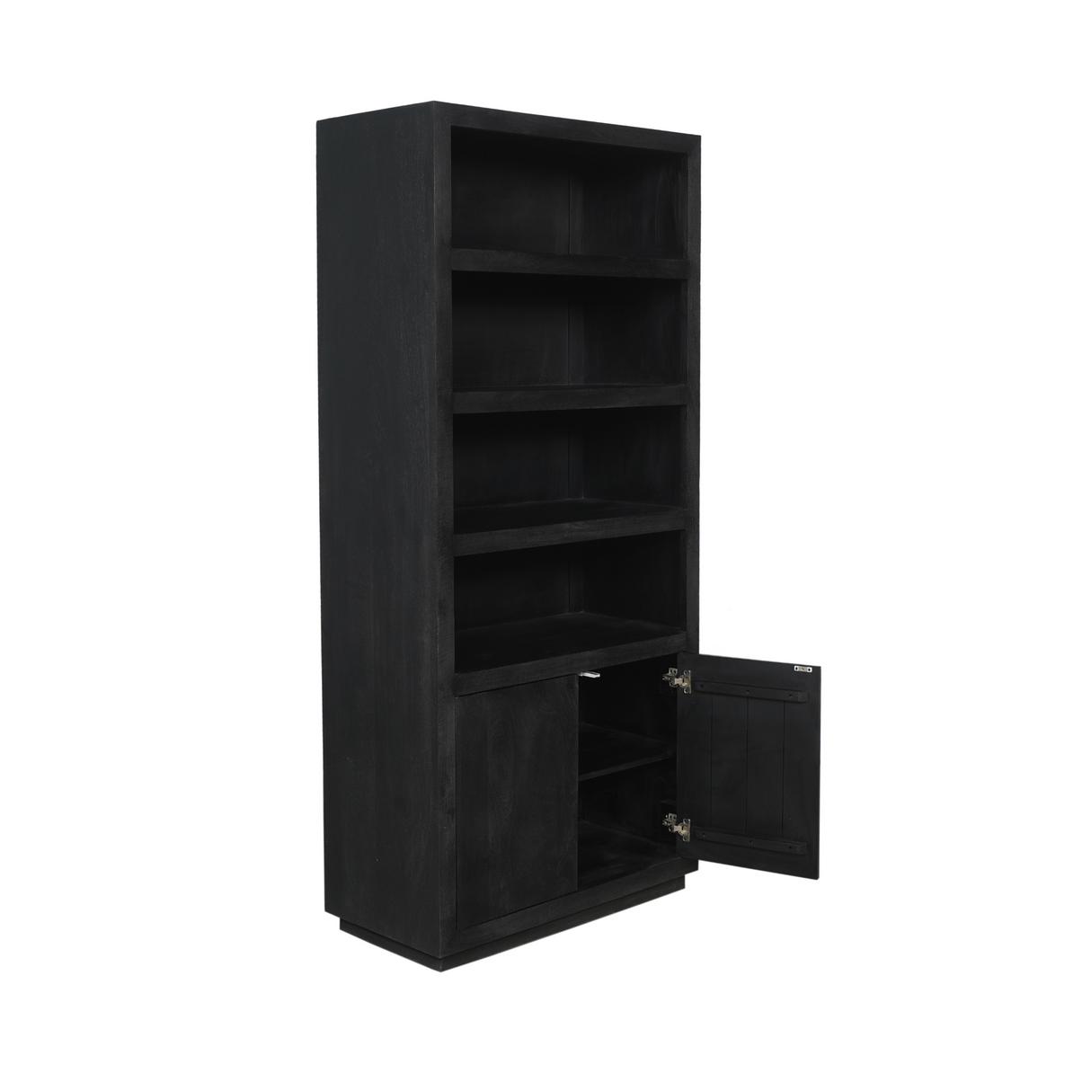 Boekenkast - Zwart - Mangohout - 90 cm - 4 Open Vakken - 2 Deuren
